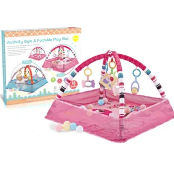 Baby Play Gym Mat with Net Activity Fitness Mat with Sensory Toys for 0-12 Months Baby - Pink Color
