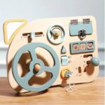 wooden busy board with steering wheel