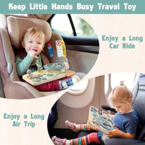 Montessori-inspired wooden busy board with steering wheel. A sensory toy that supports toddler motor skills, learning & focus. Great for travel & daily play.