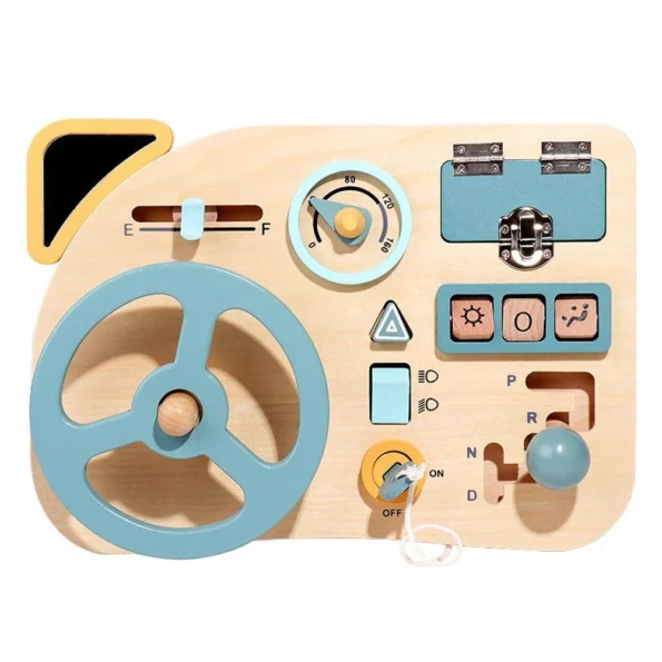 wooden busy board with steering wheel