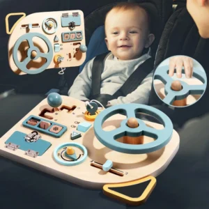 wooden busy board with steering wheel
