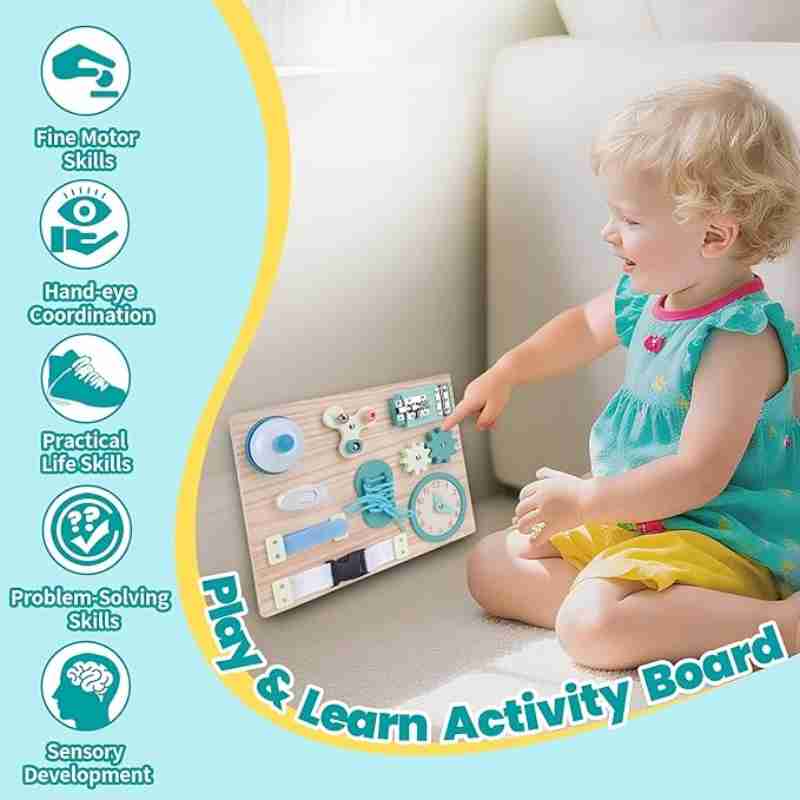 Montessori Activity Busy Board (4) Wooden sensory toy for kids 3–4 years