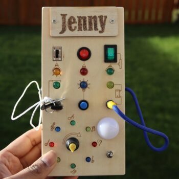 Personalised Montessori Busy Board for 1-3 year old – Wooden Sensory Travel Toy with LED Switch for Toddlers | Baby Gift UK