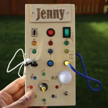 Personalised Montessori Busy Board for 1-3 year old – Wooden Sensory Travel Toy with LED Switch for Toddlers | Baby Gift UK